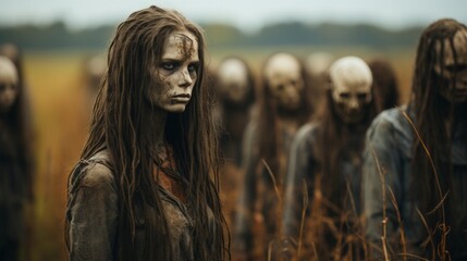 On a sun-drenched afternoon, a woman with flowing locks stands amidst a lively group of zombies in a lush, open field, gazing up to the vibrant sky, reveling in the beauty of nature's wild embrace