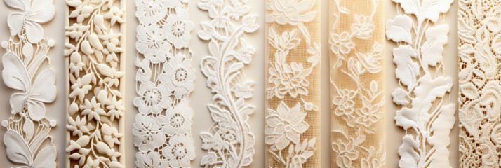 Delicate vintage lace patterns intricately woven on cream-colored textile backgrounds 