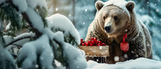 Wild Christmas bear in snowy fairy forest, mystery woodland. Cute winter holidays illustration. Cartoon teddy bear character. New Year greeting card, Generative ai