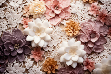 Detailed imagery displaying vintage floral lace patterns on pastel textile backgrounds 