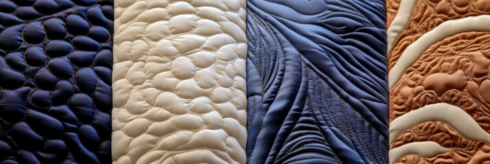 Extreme close-ups capturing the intricate patterns of textural quilting on textiles 