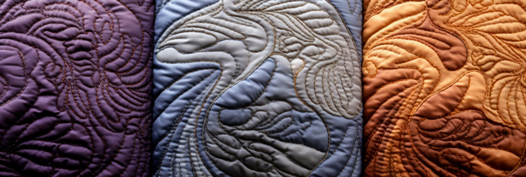 Extreme close-ups capturing the intricate patterns of textural quilting on textiles 