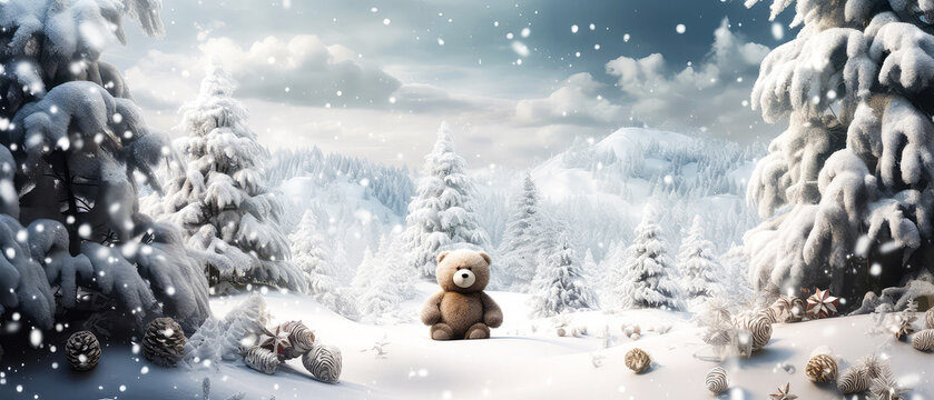 Wild Christmas bear in snowy fairy forest, mystery woodland. Cute winter holidays illustration. Cartoon teddy bear character. New Year greeting card, Generative ai