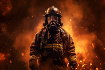 Brave firefighter in uniform standing in front of a massive fire