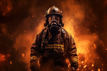 Fototapeta premium Brave firefighter in uniform standing in front of a massive fire