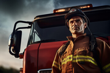 Portrait of a brave firefighter standing in front of a firetruck in full uniform