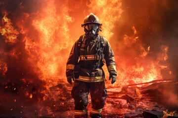 Fototapeta premium Brave firefighter in uniform standing in front of a massive fire