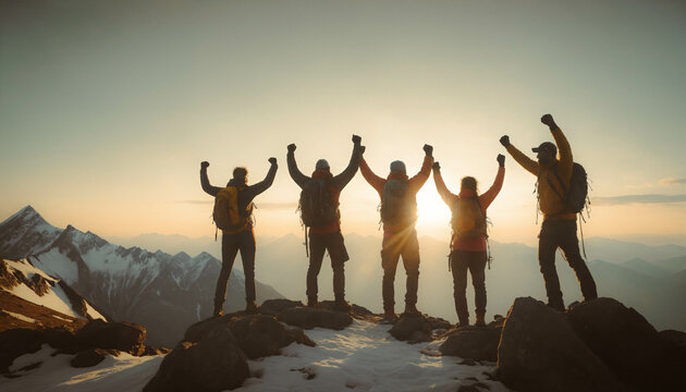 Group Of Friends On Top Of A Mountain Celebrating