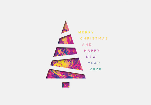 Minimalistic Christmas card with colorful christmas tree cut from the paper