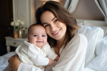 smiling loving mom with a cute happy baby at home