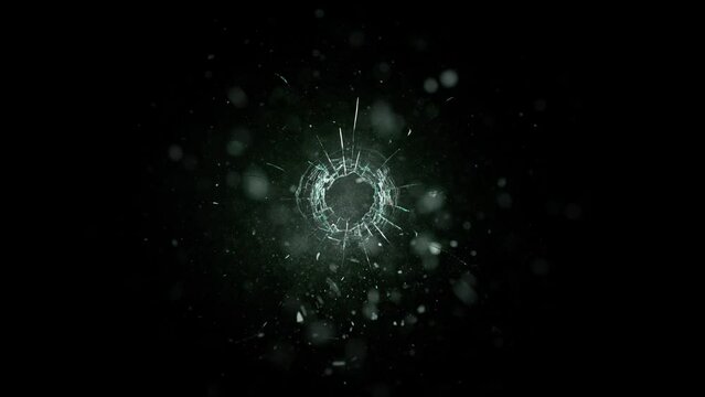Super Slow Motion Shot of Real Bullet Glass Break Isolated on Black Background at 1000fps.