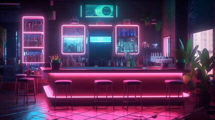 Neon bar interior, generative AI