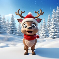 Cute reindeer and snowy white christmas landscape