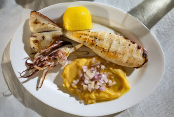 Grilled Squid carcass with mashed potatoes.
