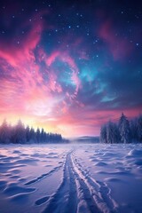 Road leading towards colorful sunrise between snow covered trees with epic milky way on the sky