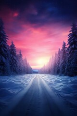 Road leading towards colorful sunrise between snow covered trees with epic milky way on the sky