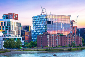 London Thames river waterfront and US Embassy sundown view