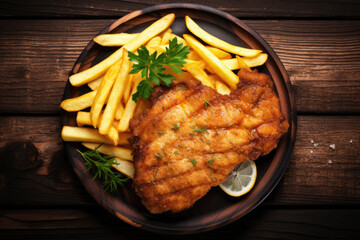 Breaded German wiener schnitzel with French fries on the wooden background, top view