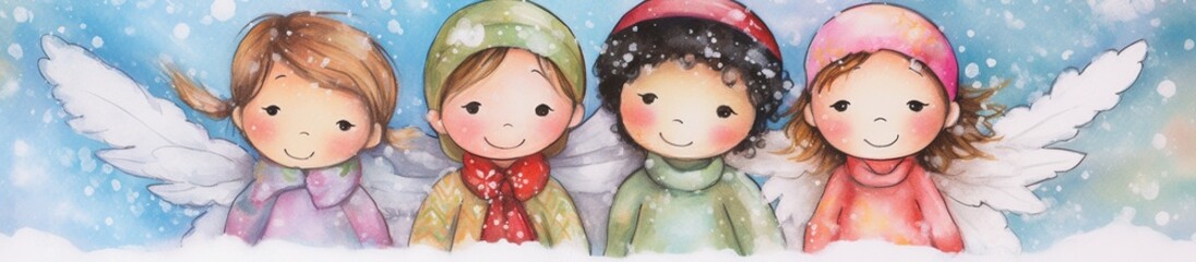 Whimsical cute christmas angels in the snow - obrazy, fototapety, plakaty