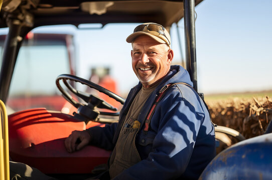 Photo of agricultural equipment operator male in machine