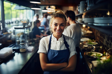 Fototapeta premium Photo of female chef in the restaurant