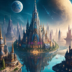 Obraz premium architecture, tower, city, building, landmark, sky, art, universe, alien planet, country , AI, generation, creation