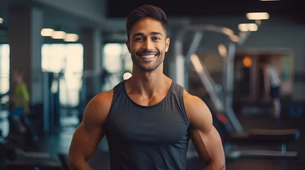 Tuinposter Muscular arabian man in sportswear, smiling and looking at the camera on the background of the gym. Personal trainer. The concept of a healthy lifestyle and sports. © Tetiana