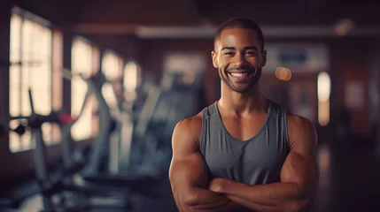 Fotobehang Muscular African American man in grey sportswear, fitness trainer smiling and looking at the camera on the background of the gym. The concept of a healthy lifestyle and sports. © Tetiana