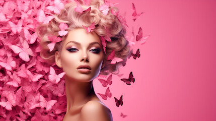 Naklejka premium Art portrait of a woman with butterflies in her hair and professional pink makeup, fantasy in Barbie Pink style on a pink background with copy space. The concept of naturalness of cosmetic products. .