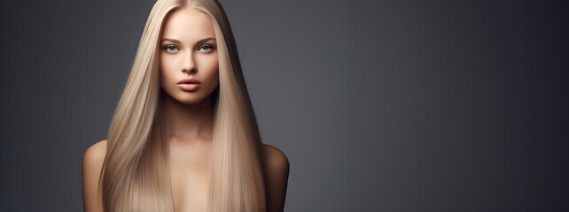 Fashionable blonde woman with straight long shiny hair on a dark  grey background with copy space. Banner. Beauty, health and hair care. Hair product advertising concept.