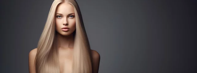 Foto op Plexiglas Schoonheidssalon Fashionable blonde woman with straight long shiny hair on a dark  grey background with copy space. Banner. Beauty, health and hair care. Hair product advertising concept.