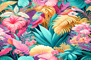 Seamless pattern with tropical leaves and birds.