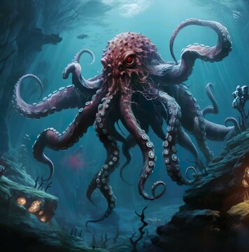 Illustration of kraken monster in deep ocean