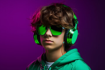Colorful studio portrait of a cool teenager boy with age specific outfit and accessories. Bold, vibrant and minimalist. Generative AI