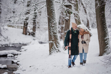 Fototapeta na wymiar Elegant senior couple walking in the snowy park near the river, during winter snowy day.