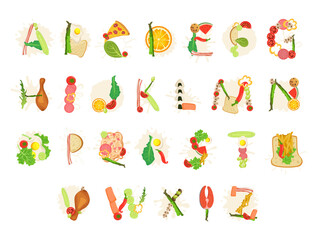 Font abc English alphabet letters different food characters vector flat illustration