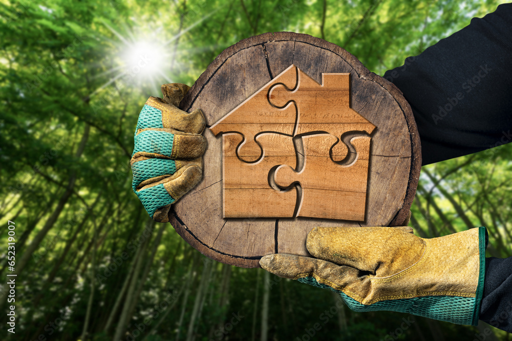 Poster hands with protective work gloves holding a cross section of a tree trunk with a small wooden house 