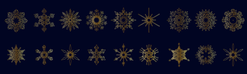 Set of various golden winter snowflakes.Vector graphics.