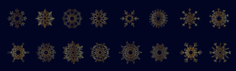 Set of various golden winter snowflakes.Vector graphics.