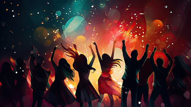 Silhouettes of dancing people at a party. Vector illustration. ai generative