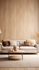 Stylish interior design of living room with modern cream sofa, wooden details and luxurious finishings