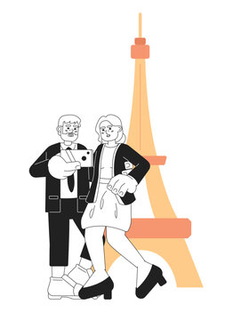Retired couple travel black and white cartoon flat illustration. Retiree taking selfie linear 2D characters isolated. Vacation elderly. Senior citizens eiffel tower monochromatic scene vector image