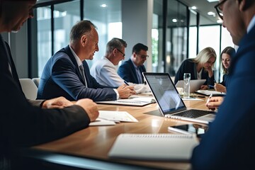 A diverse group of professionals, both men and women, collaborate in a corporate office meeting discussing strategy and teamwork to achieve success.