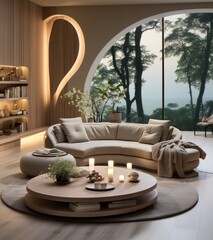 Stylish interior design of living room with modern cream sofa, wooden details and luxurious finishings