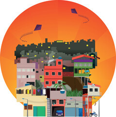 a suburban area of a big city in latin america. Shantytown at dusk.