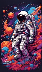 Illustration of an astronaut in outer space with a rainbow colored atmosphere