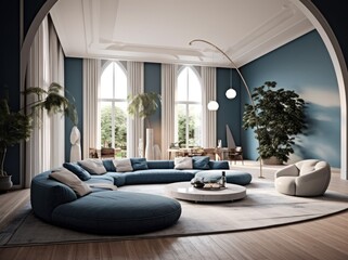 Fabulous interior design of living room with modern furniture, wooden details and luxurious finishings, carpet, decor and drapes