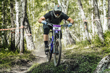 Fototapeta premium athlete rider downhill forest trail, racing mtb mountain bike, extreme sport games