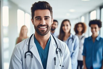 Young intern in white coat stands in hospital corridor.