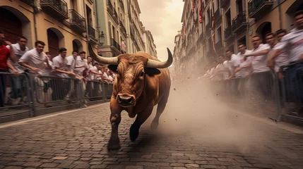 Poster Runners in Encierro, Running of bulls in Pamplona, Spain. Bull running in Pamplona. Traditional San Fermin festival where participants run ahead of charging bulls through the streets to bullring © Sasint